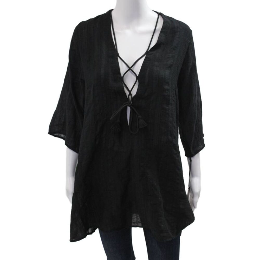 Robin Piccone Womens Black Bohemian V-Neck Tunic 3/4 Sleeve Size S